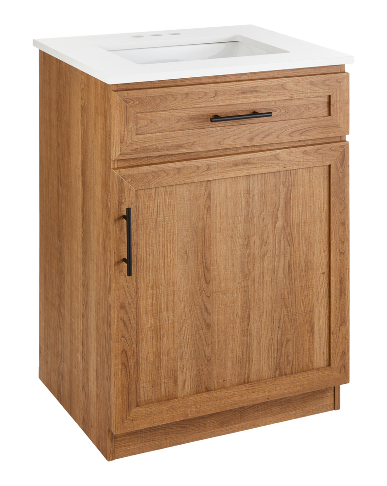 Danville Single Door Single Sink Stone Top Bathroom Vanity, Honey Oak, 24-in