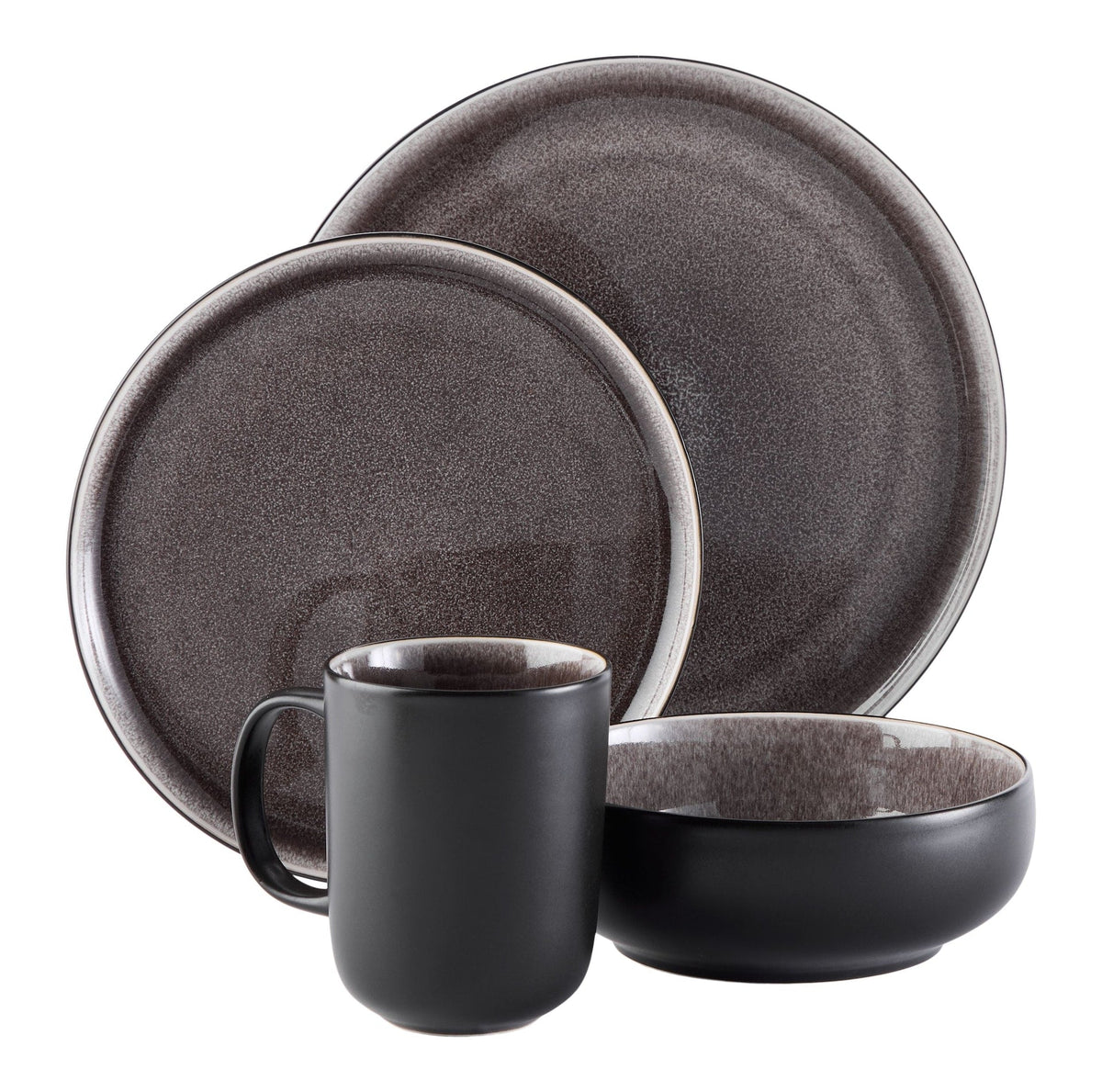 Kenway Stoneware Dinnerware Set, Serves 4, 16-pc, Matte Black & Taupe Reactive Glaze