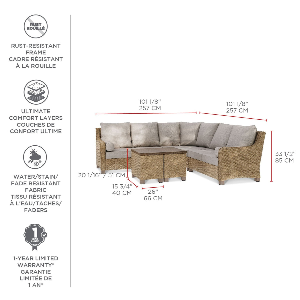Moraine All-Weather Wicker Outdoor/Patio Sectional Set, UV-Resistant Cushions, 5-pc