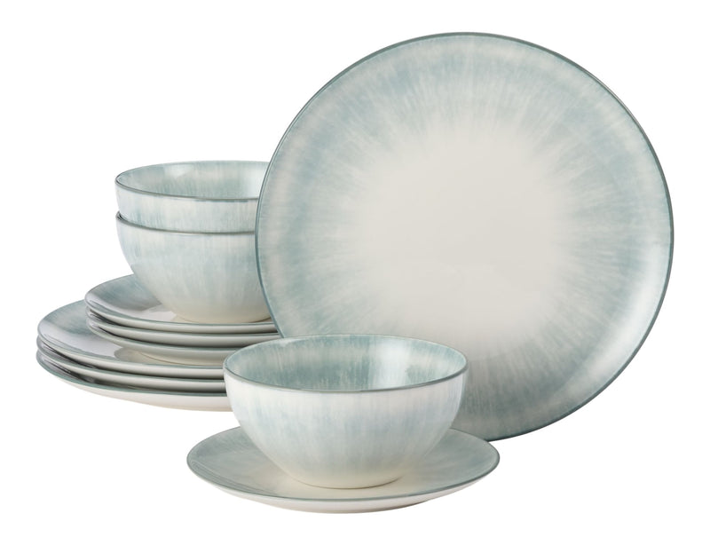 Porcelain Dinnerware Set, Serves 4, 12-pc, Sage Green Pad Print T1807