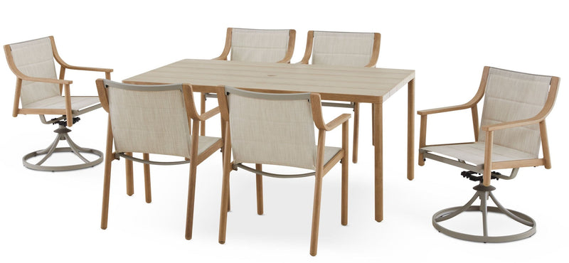 Sauble Sling Outdoor Patio Dining Set with Swivel Chairs and Umbrella Hole, Tan, 7-pc J1075