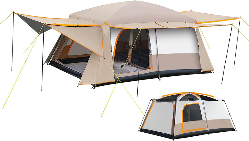 Camping Tent, 4-6 Person Family Cabin Tents, Large Waterpoof Tents for Camping Outdoor, 210D Oxford Fabric Blackout Foldable Sunburn Prevention Tent with 2 Rooms, 3 Foyers for Picnic Khaki B6945