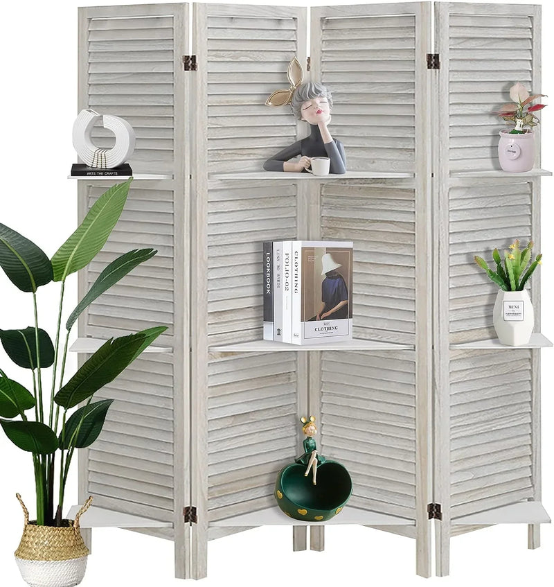 ECOMEX Room Divider 4 Panel, White with Shelves, Wall Dividers and Folding Privacy Screens O9980