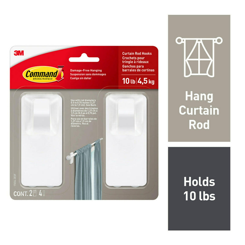 2-Piece 10-lb Matte White Damage Free Curtain Rod Hooks I8673