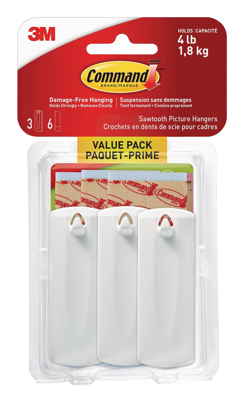 Adhesive Sawtooth Picture Hanging Hooks with Adhesive Strips, White, 4-lbs, 3 Strips per Pack M0857