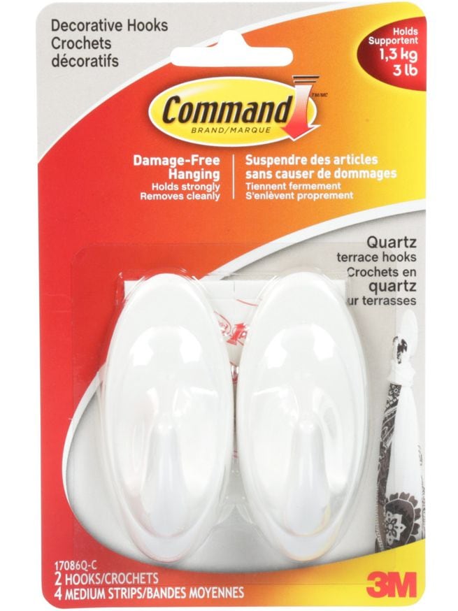 Decorative Quartz Terrace Hooks with Adhesive Strips, White, 3-lbs, 2 Strips per Pack M7820