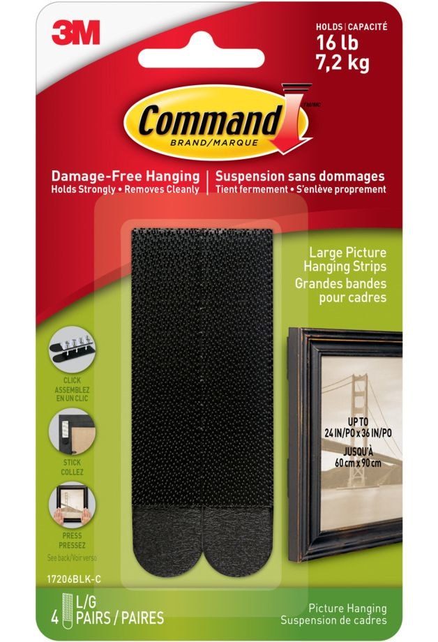 Large Adhesive Picture Hanging Strips, Black, 16-lbs, 4 Strips per Pack M4916