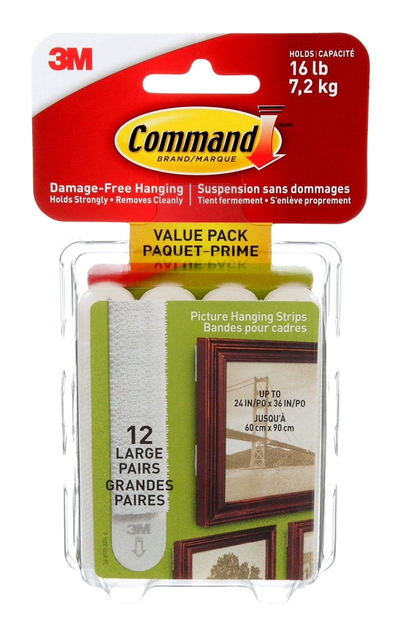 Large Adhesive Picture Hanging Strips Value Pack, White, 16-lbs, 12 Strips per Pack K8327