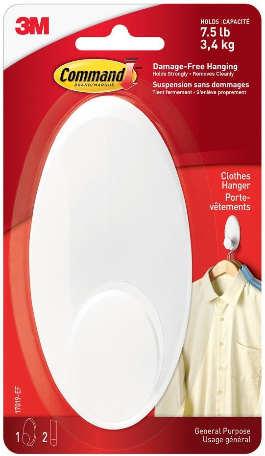 Large Clothes Hanger Organizing Hook with Adhesive Strips, White, 7.5-lbs, 1 Strip per Pack Y6508