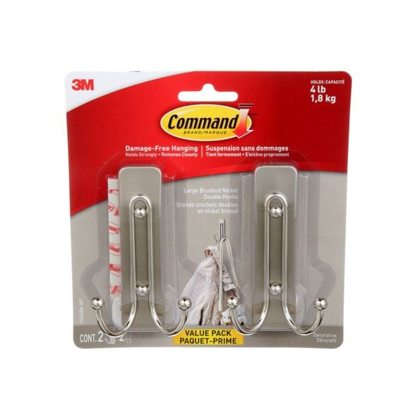 Large Decorative Double Hooks Value Pack with Adhesive Strips, Brushed Nickel, 4-lbs, 2 Strips per Pack H608