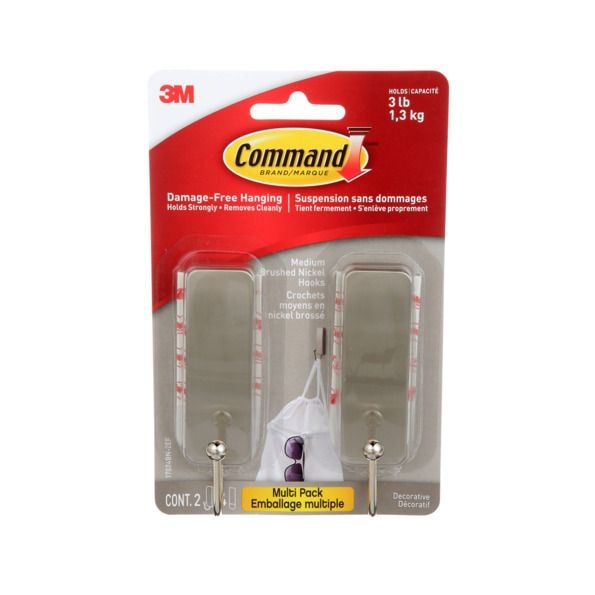 Medium Decorative Hooks with Adhesive Strips, Brushed Nickel, 3-lbs, 2 Strips per Pack Z5247