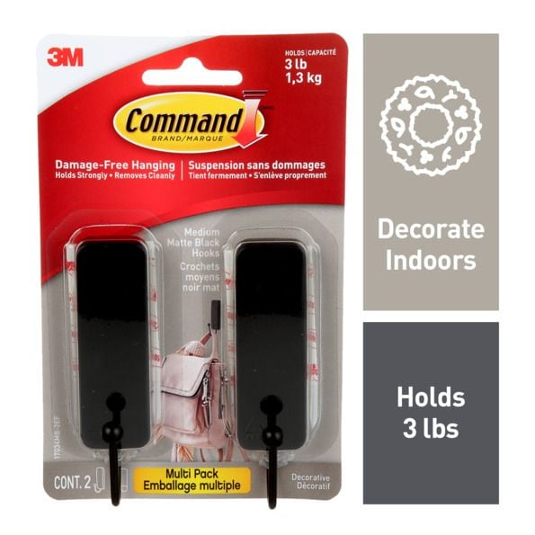 Medium Decorative Hooks with Adhesive Strips, Matte Black, 3-lbs, 2 Strips per Pack V1867