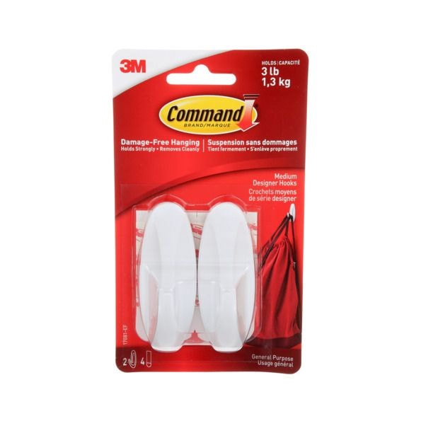 Medium Designer Hooks with Adhesive Strips, White, 3-lbs, 2 Strips per Pack E2748