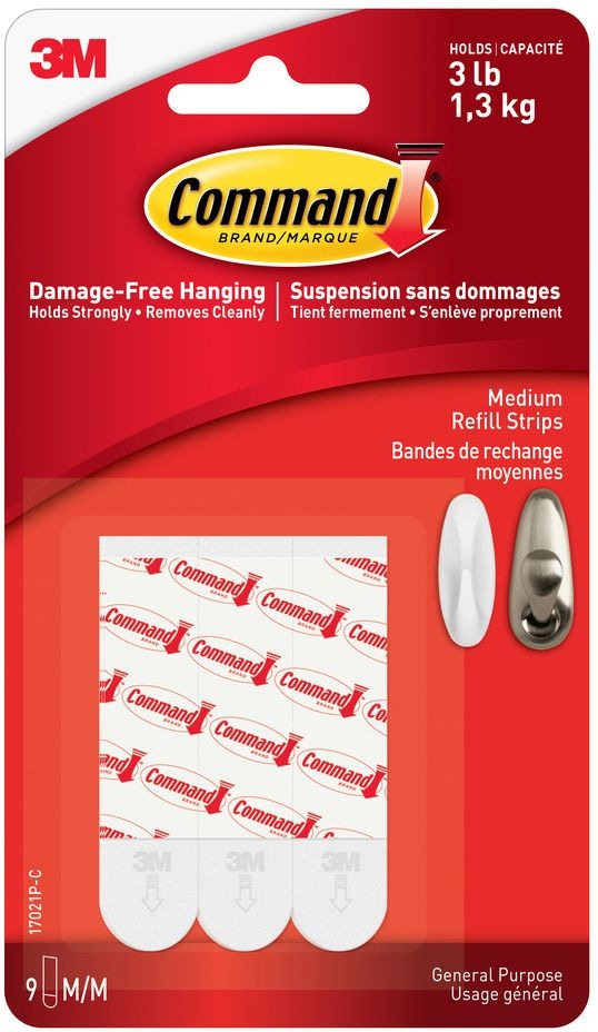 Medium General Purpose Refill Strips for Adhesive Hooks, White, 3-lbs, 9 Strips per Pack U7833
