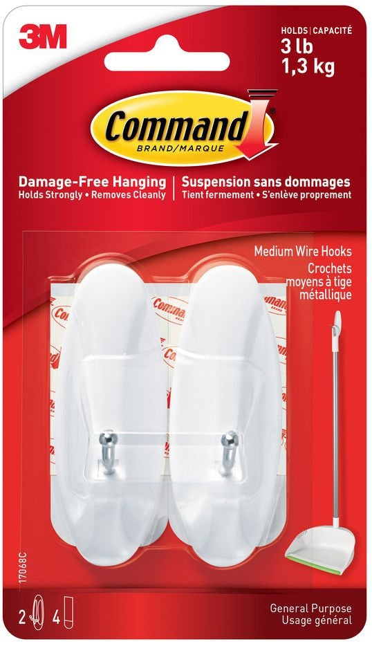Medium General Purpose Wire Hooks with Adhesive Strips, White, 3-lbs, 2 Strips Per Pack W9914
