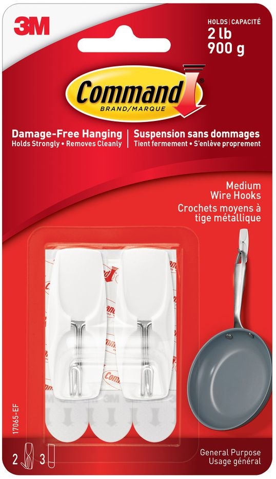 Medium Wire Toggle Hooks with Adhesive Strips, White, 2-lbs, 2 Strips per Pack C4526
