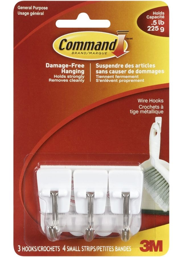 Micro Wire Utensil Hooks with Adhesive Strips, White, 0.5-lbs, 3 Strips Per Pack M2634