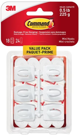 Mini Hooks Value Pack with Adhesive Strips, Clear, 0.5-lbs, 18 Strips per Pack C3643