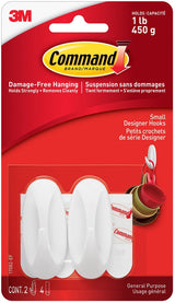 Small Designer Hooks with Adhesive Strips, White, 1-lb, 2 Strips per Pack