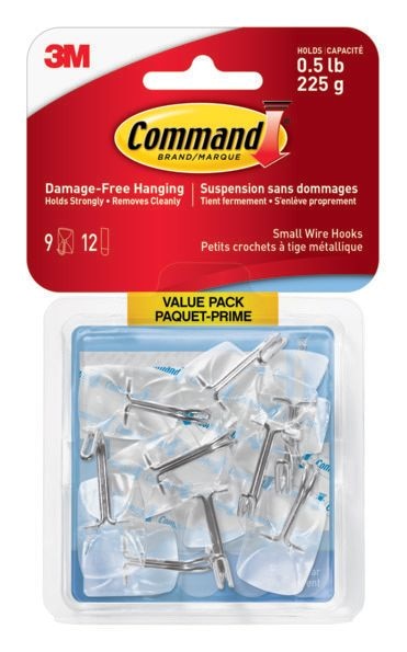 Small Wire Hooks Value Pack with Adhesive Strips, Clear, 0.5-lbs, 9 Strips per Pack T9921