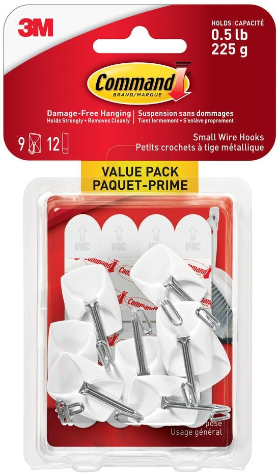 Small Wire Hooks Value Pack with Adhesive Strips, White, 0.5-lbs, 9 Strips per Pack K3833