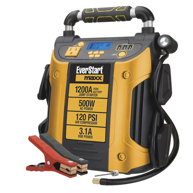 J5CPDE Jump Starter, Power Station, 1200 Peak Battery Amps with 500W Inverter and 120 PSI Compressor N6020