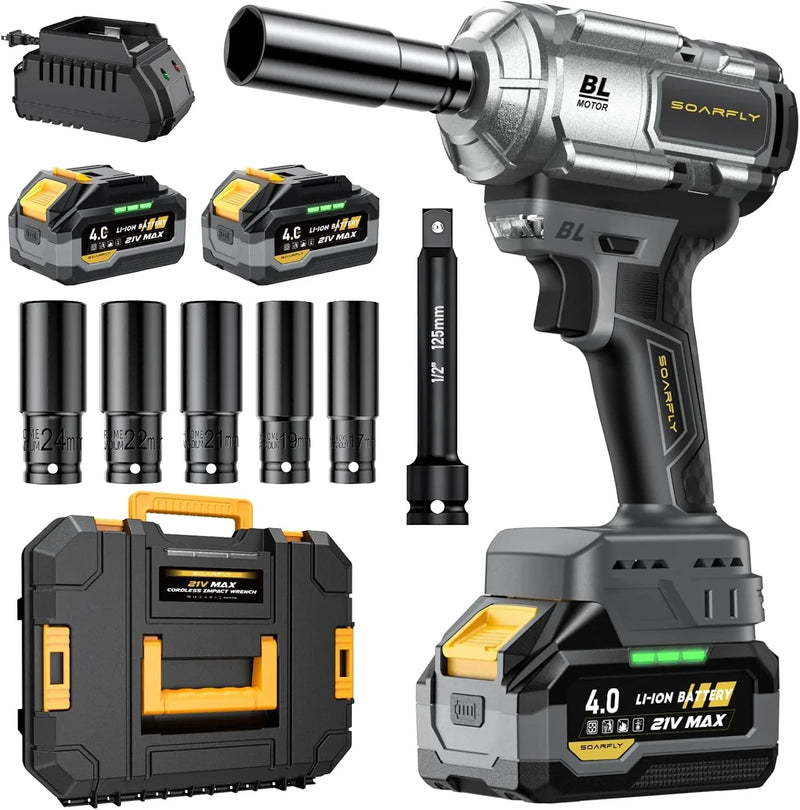 Cordless Impact Wrench, 1200Nm(900ft-lbs) High Torque 1/2'' Impact Wrench, 21V Brushless Electric Impact Gun with 2Pcs 4.0Ah Batteries, 1 Hour Fast Charger, 5 Sockets, Power Impact Driver for Car Home D8295