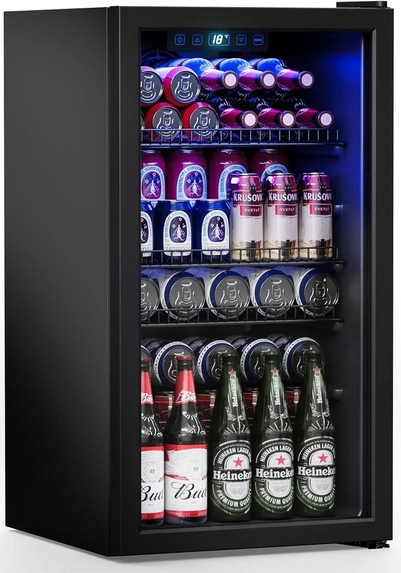 Refrigerator Cooler-120 Cans Freestanding Mini Fridge Cooler with Glass Door, Adjustable Shelves & Digital Temperature Display for Soda, Wine or Beer (Black, 3.2 Cu.Ft) K0701