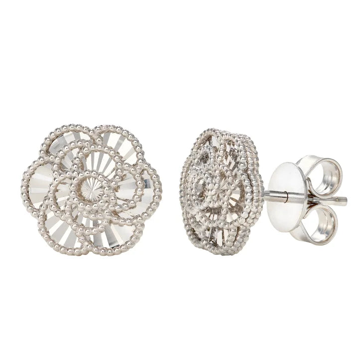 Diamond Cut Textured Flower Stud Earrings in White Gold U8337