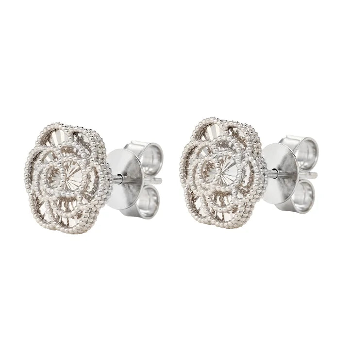 Diamond Cut Textured Flower Stud Earrings in White Gold