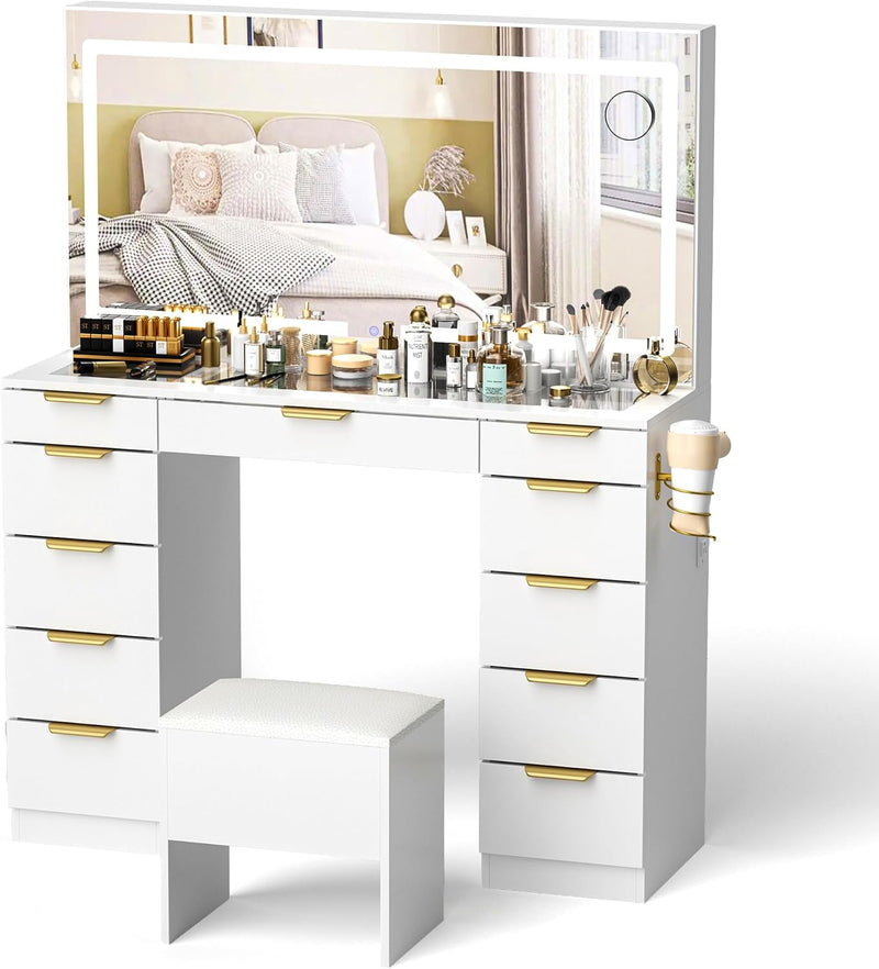 Glass Top Vanity Desk with Mirror and Lights, 11 Drawers Makeup Vanity with Golden Handles, 3 Lighting Modes Upgraded Silent Slides Vanity Desk with Bench, Portable Mirror and Power Putlet X6436