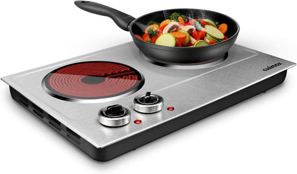 Hot Plate,1800W Ceramic Electric Hot Plate for Cooking, Dual Control Infrared Cooktop, Portable Countertop Burner, Glass Plate Electric Cooktop, Silver, Stainless Steel F6928