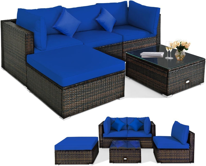 5 pieces of outdoor patio furniture, L-shaped rattan three-seater sofa with tempered glass coffee table, footstool, 3 single chairs, rattan outdoor party set, suitable for backyard, porch, balcony, black version G7943