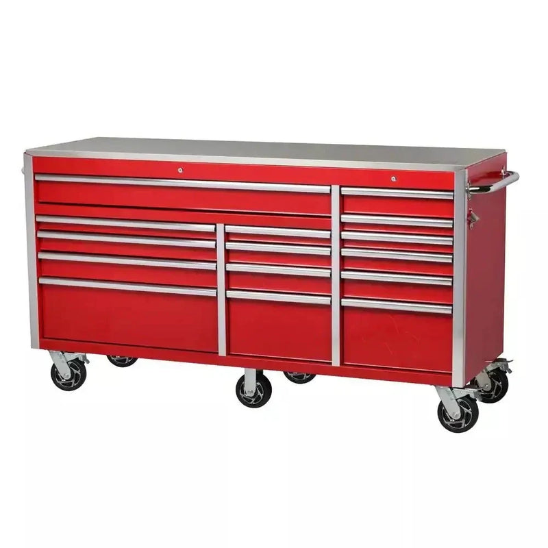 Heavy-Duty 72 in. W x 24 in. D 15-Drawer Tool Chest Mobile Workbench with Stainless Steel Top and Dual Locks in Red W9289