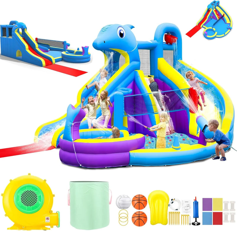 11-in-1 Inflatable Water Slide & Dolphin Bounce House w/2 Long Slides, 19.7 Ft x 13.1 Ft Extra Large Waterslide Climbing Wall w/Small Deeper Pool,Water Cannons,Hoop for Kids Backyard,550W Blower Z9890