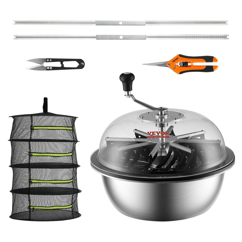 Leaf trimmer, 16-inch trimming bowl, manual flower branch trimmer, equipped with stainless steel blades for rotary trimming, transparent observation cover, foldable herb drying rack and handheld trimmer are all included. O5795