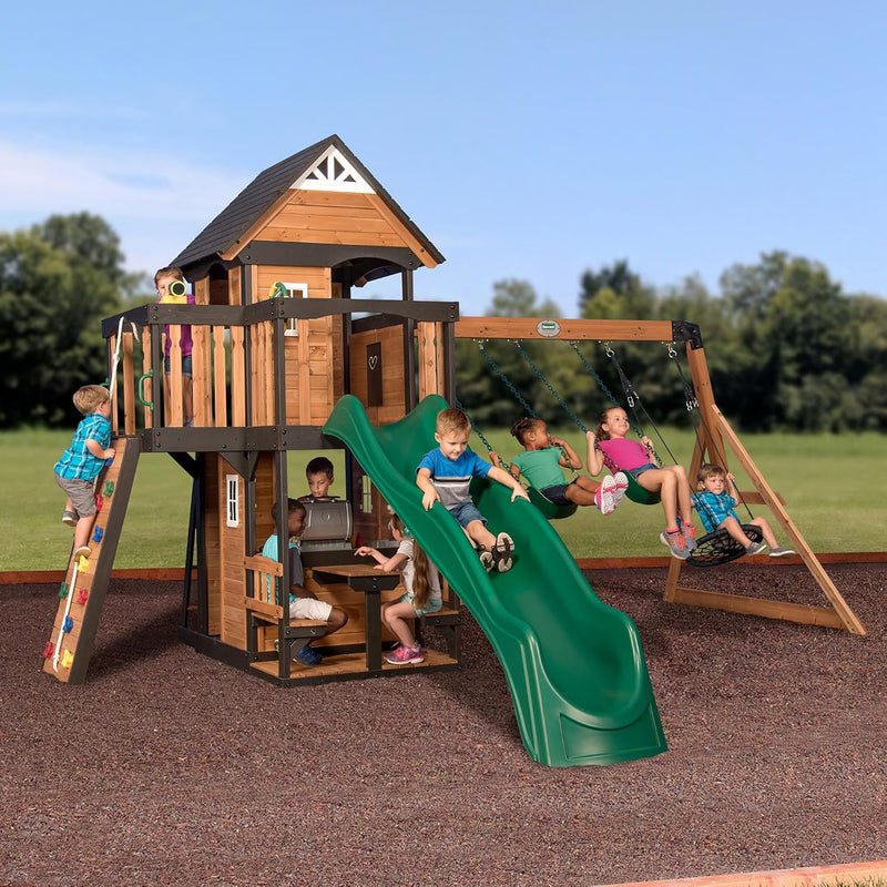Canyon Creek Cedar Wood Swing Set with Wave Slide, Clubhouse, Play Kitchen, Picnic Area, Belt Swings, Web Swing, Rock Wall, Balconies, Playhouse, Step Ladder, Outdoor Playset V2298