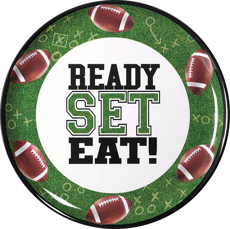 Football "Ready Set Eat" Round Plastic Melamine Reusable Serving Platter, Green, 13.5-in, for Sports Party E7170