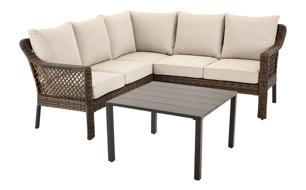 Bracebridge All-Weather Wicker Outdoor Patio Sectional with Woodgrain Steel Table Top, Brown, 3-pc L6833