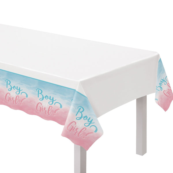 "Girl or Boy?" Rectangle Plastic Reusable Table Cover, Pink/Blue, 54x102-in, for Gender Reveal W0612