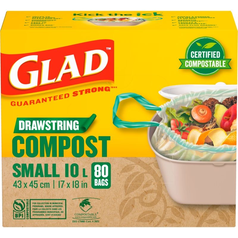 Small Certified Compostable Drawstring Food Waste Bags, 80-pk, Opaque, 10-L S8586