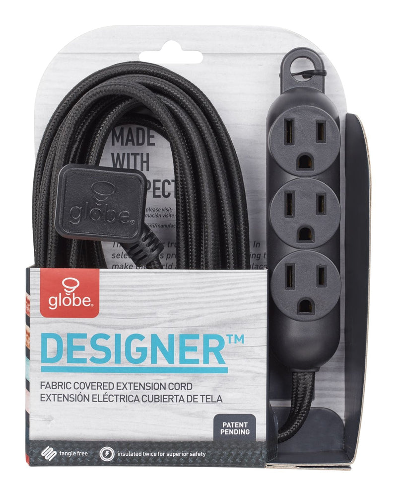 12-ft 16/3 Fabric Extension Cord, Right Angle Plug, 3 Outlets, Black P0378