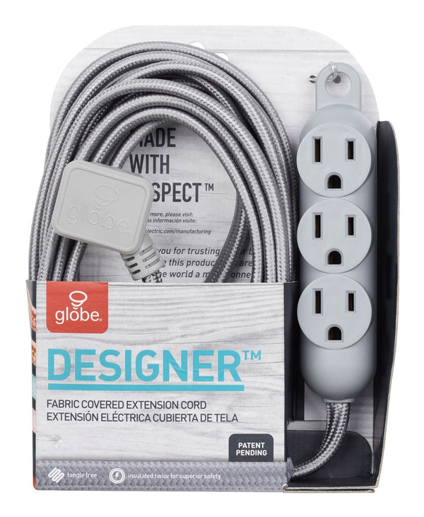 12-ft 16/3 Fabric Extension Cord, Right Angle Plug, 3 Outlets, Grey L6949