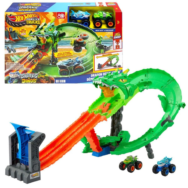 Sharks vs. Dinos Dragon Destruction Playset with 2 1:64 Monster Trucks P3486