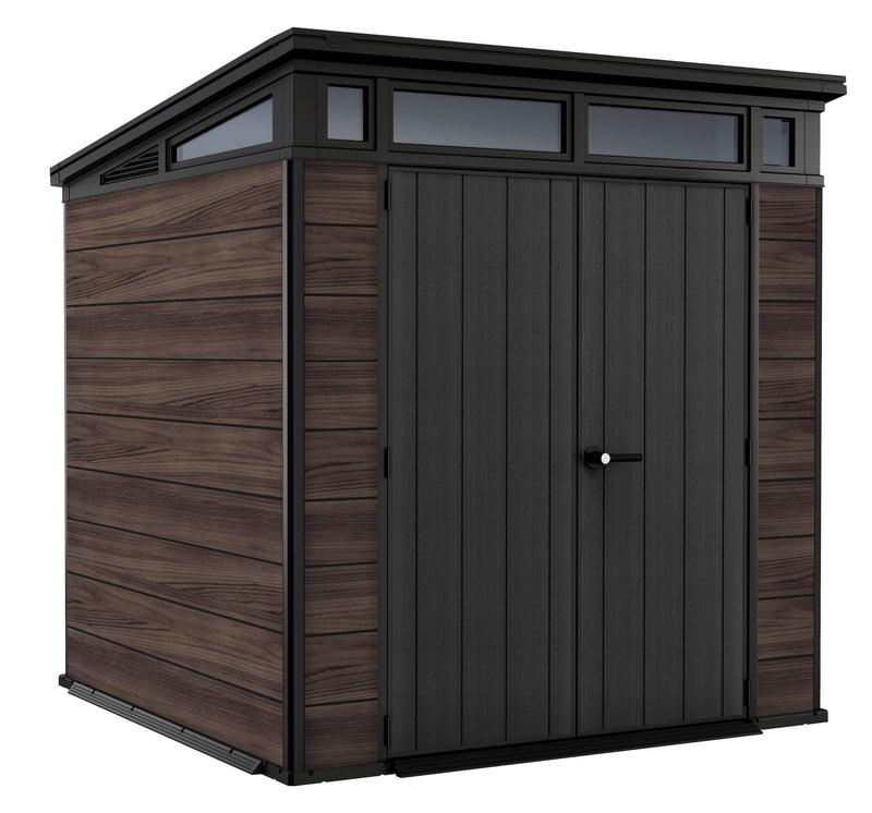 Pent Durable DecoCoat Lockable 2-Door Resin Outdoor Storage Shed with Windows, Brown, 7-ft x 7-ft E2841