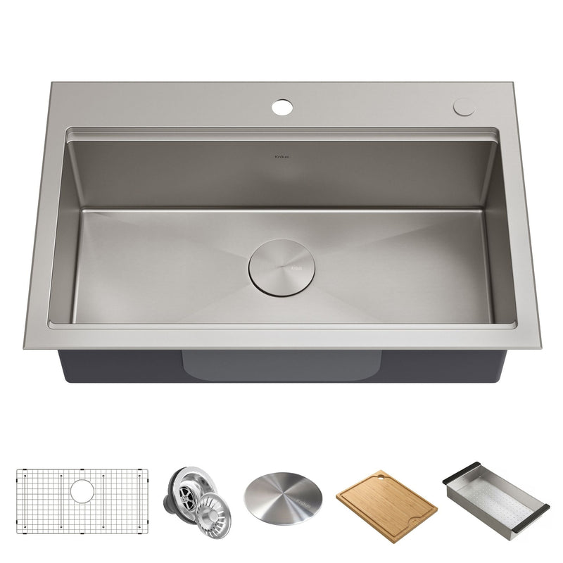 Kore Top/Undermount Stainless Steel Single Bowl Kitchen Sink with Add-Ons, 32x21x9-in T9237