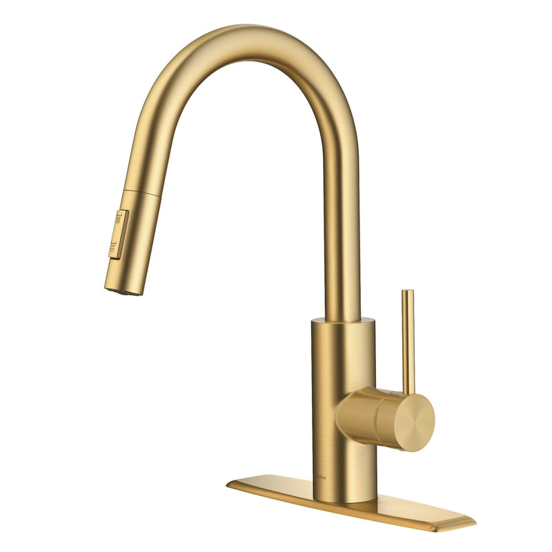Oletto Single Handle High Arc Pull Down Kitchen Faucet, Brushed Brass A0682