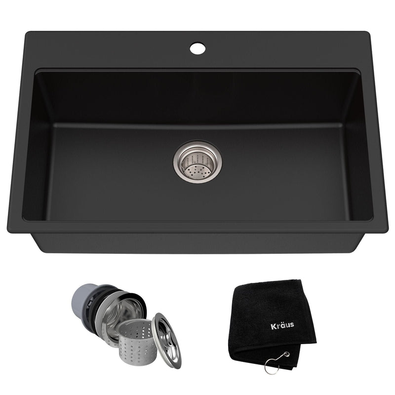 Quarza Top/Undermount Granite Single Bowl Kitchen Sink, Black Onyx, 31x20x9-in U2657
