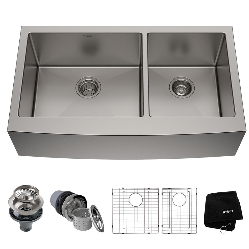 Standard PRO Apron Front Farmhouse Stainless Steel Double Bowl Kitchen Sink, 36x21x10-in O4809