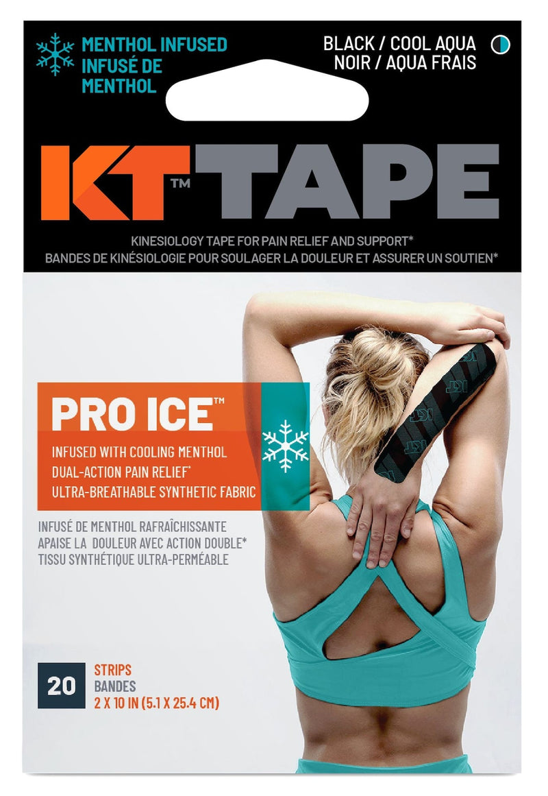 Pro Ice Pre-Cut Elastic Kinesiology Sports Tape with Menthol, Black, 10 x 2-in Strips, 20-pk R4804